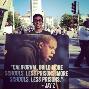 Juan advocating for #SchoolsNotPrisons at a community event in Grand Park, Los Angeles