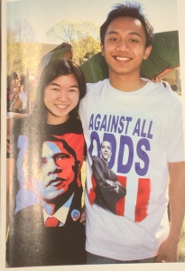 A picture in my high school yearbook, rocking my President Obama shirts with a friend.
