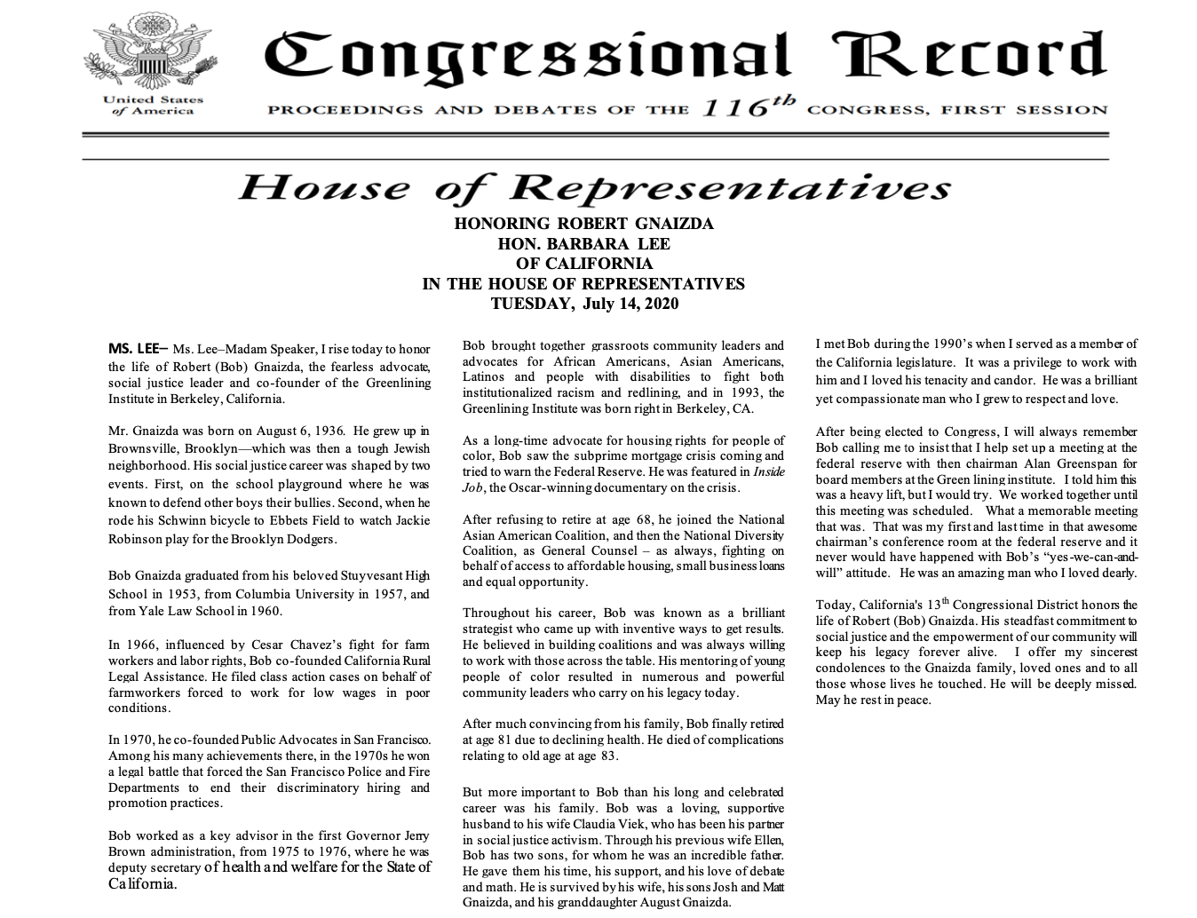 Congressional Record Robert Gnaizda